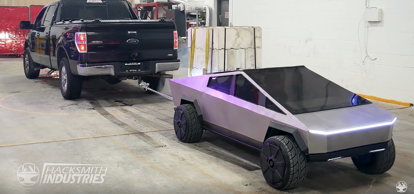 Tesla Cybertruck Mini takes out full-sized Ford F-150 in tug-of-war bout