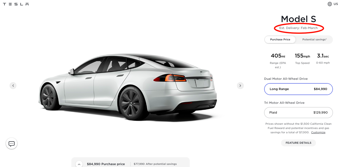 Tesla Model S Long Range delivery estimates slip to early 2022